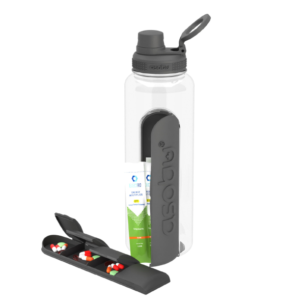 ASOBU Electrolyte Black 1,2 l - butelka na wodę tritanowa z pojemnikami na elektrolity i suplementy