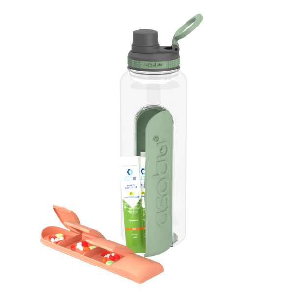 ASOBU Electrolyte Basil Green 1,2 l - butelka na wodę tritanowa z pojemnikami na elektrolity i suplementy