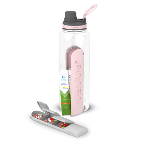 ASOBU Electrolyte Pink 1,2 l - butelka na wodę tritanowa z pojemnikami na elektrolity i suplementy
