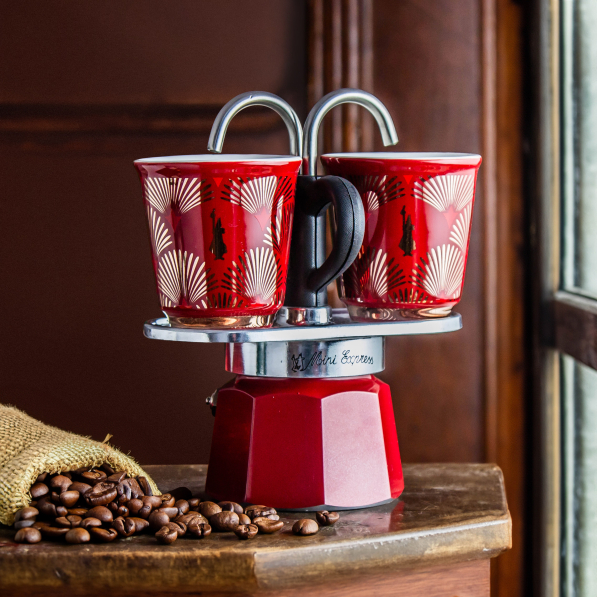 BIALETTI Mini Express Deco Glamour na 2 filiżanki espresso (2 tz) czerwona - kawiarka aluminiowa ciśnieniowa z 2 filiżankami