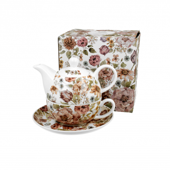 Dzbanek do herbaty i kawy porcelanowy z filiżanką i spodkiem DUO PASTEL FLOWERS 0,35 l