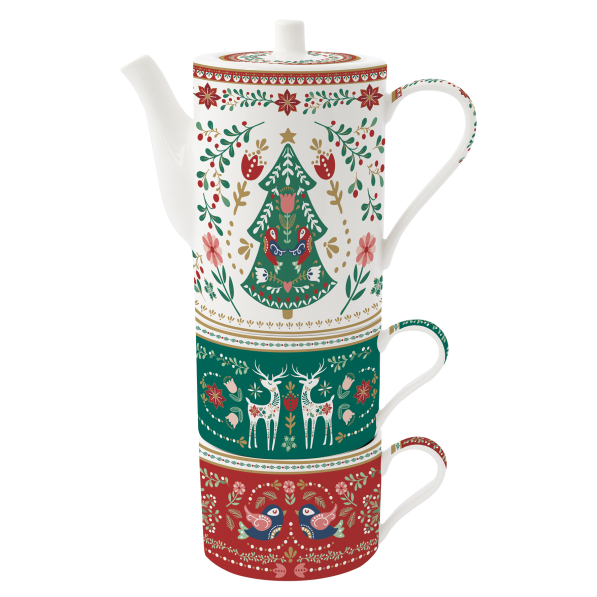 Dzbanek do herbaty i kawy z filiżankami porcelanowy EASY LIFE CHRISTMAS FOLK 0,5 l 3 el.