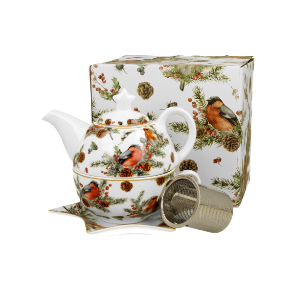 Dzbanek z filiżanką i zaparzaczem świąteczny porcelanowy DUO CHRISTMAS BIRDS 0,35 l