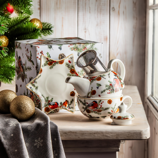 Dzbanek z filiżanką i zaparzaczem świąteczny porcelanowy DUO CHRISTMAS BIRDS 0,35 l