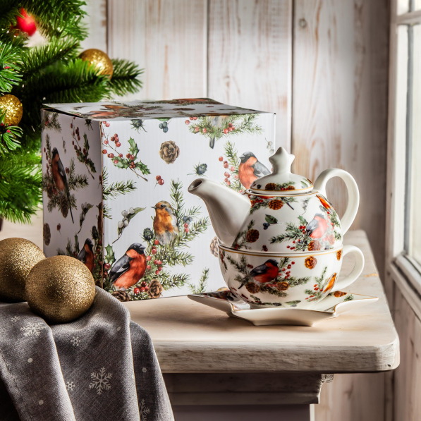 Dzbanek z filiżanką i zaparzaczem świąteczny porcelanowy DUO CHRISTMAS BIRDS 0,35 l