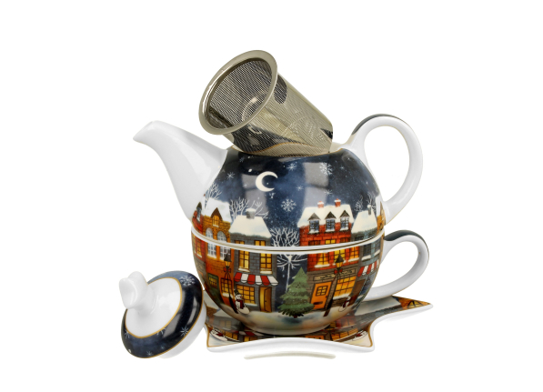 Dzbanek z filiżanką i zaparzaczem świąteczny porcelanowy DUO CHRISTMAS CITY 0,35 l