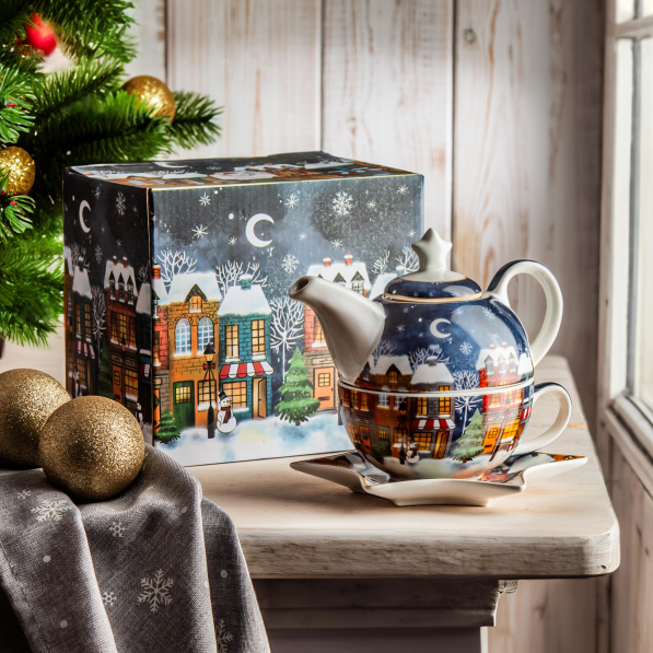 Dzbanek z filiżanką i zaparzaczem świąteczny porcelanowy DUO CHRISTMAS CITY 0,35 l