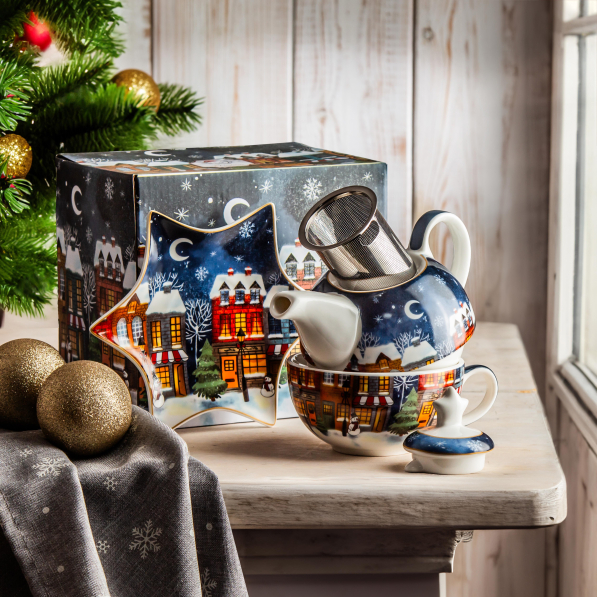 Dzbanek z filiżanką i zaparzaczem świąteczny porcelanowy DUO CHRISTMAS CITY 0,35 l