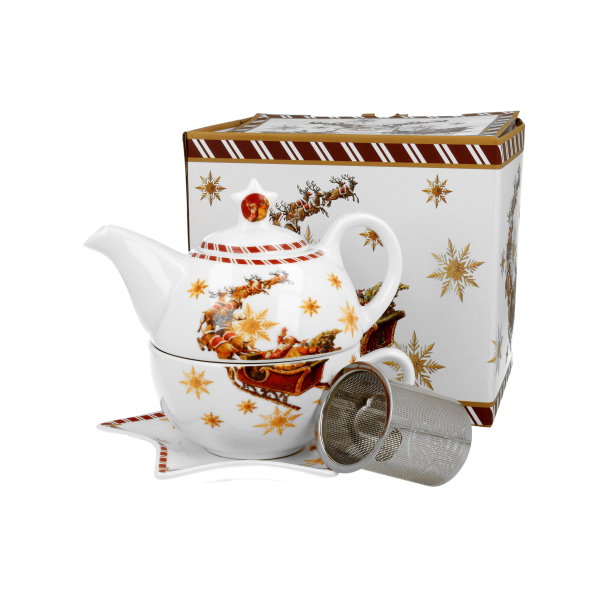 Dzbanek z filiżanką i zaparzaczem świąteczny porcelanowy DUO SANTA ON SLEIGH 0,35 l