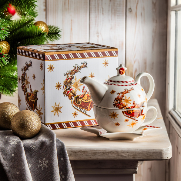 Dzbanek z filiżanką i zaparzaczem świąteczny porcelanowy DUO SANTA ON SLEIGH 0,35 l