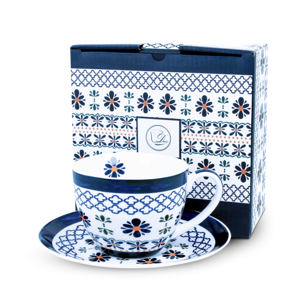 Filiżanka do kawy i herbaty porcelanowa ze spodkiem DUO INDIGO 250 ml