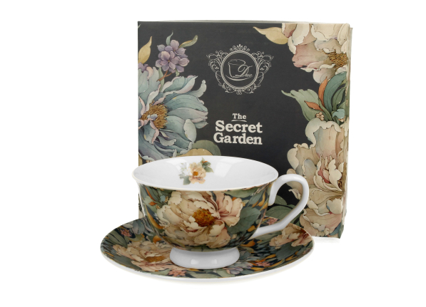 Filiżanka do kawy i herbaty porcelanowa ze spodkiem DUO THE SECRET GARDEN PEONY BLUE 250 ml