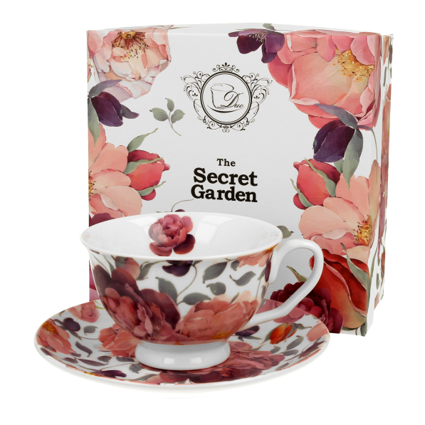 Filiżanka do kawy i herbaty porcelanowa ze spodkiem DUO THE SECRET GARDEN SPRING ROSES 250 ml