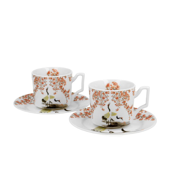 Filiżanki do espresso porcelanowe ze spodkami DUO ART GALLERY SAKURA I ŻURAWIE 110 ml 2 szt.