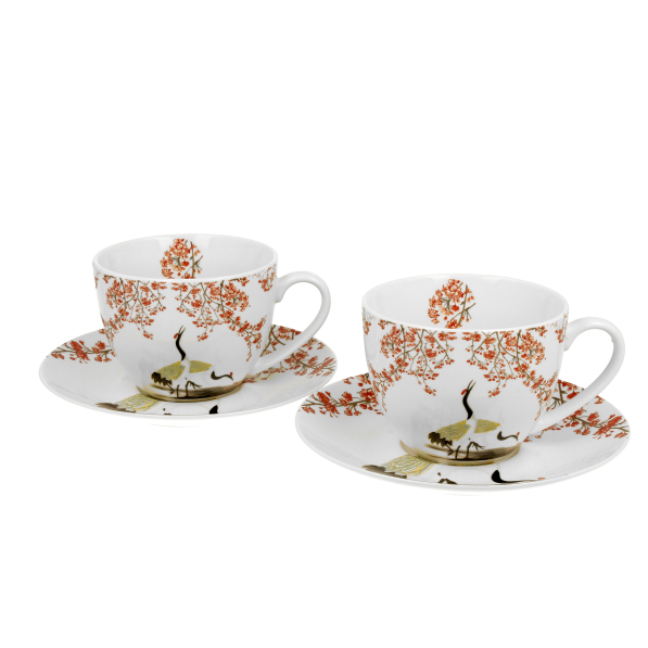Filiżanki do kawy i herbaty porcelanowe ze spodkami DUO ART GALLERY SAKURA I ŻURAWIE 280 ml 2 szt.