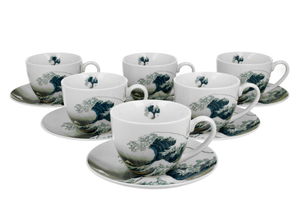 Filiżanki do kawy i herbaty porcelanowe ze spodkami DUO ART GALLERY THE GREAT WAVE BY HOKUSAI 250 ml 6 szt.