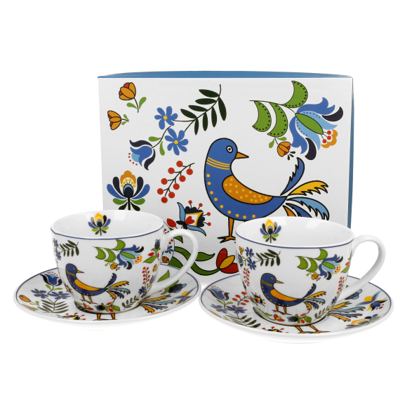 Filiżanki do kawy i herbaty porcelanowe ze spodkami DUO PTASZEK KASZUBSKI 250 ml 2 szt.
