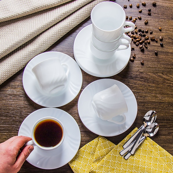 Filiżanki do kawy i herbaty szklane ze spodkami BORMIOLI ROCCO EBRO BIAŁE 250 ml 6 szt. 