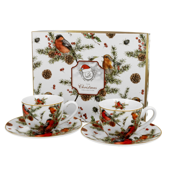 Filiżanki świąteczne do espresso porcelanowe ze spodkami DUO CHRISTMAS BIRDS 90 ml 2 szt.