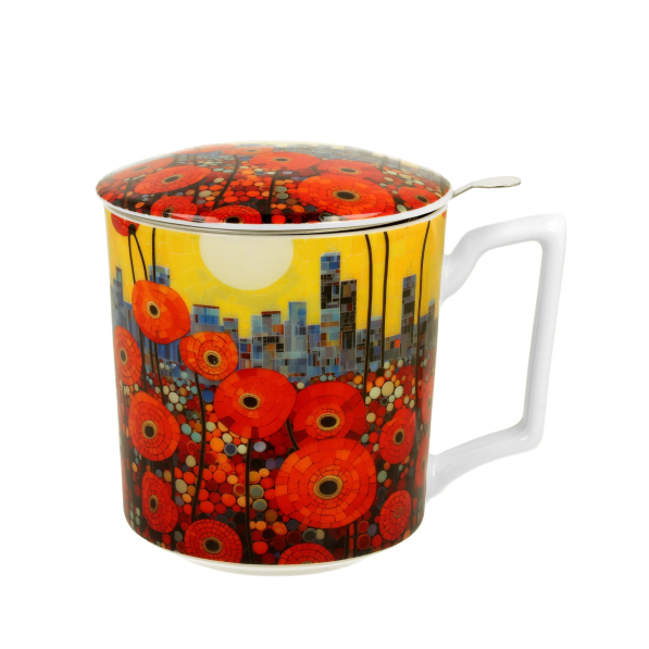 Kubek porcelanowy z zaparzaczem i pokrywką DUO MODERN POPPIES 450 ml