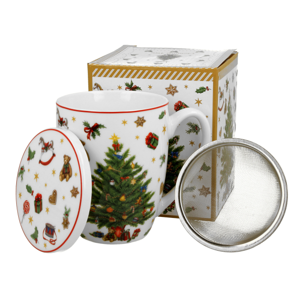 Kubek świąteczny z zaparzaczem i pokrywką porcelanowy DUO CHRISTMAS TREE 350 ml