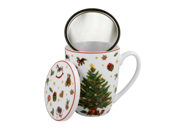 Kubek świąteczny z zaparzaczem i pokrywką porcelanowy DUO CHRISTMAS TREE 350 ml