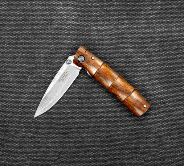 MCUSTA Shinra Emotion Iron wood Damascus 6,5 cm - japoński nóż survivalowy składany ze stali damasceńskiej