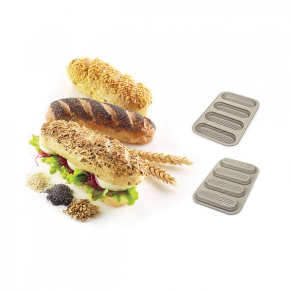 SILIKOMART Silicone Mould Mini Baguette Bread 30 x 19,5 cm szara - forma do pieczenia 4 mini bagietek