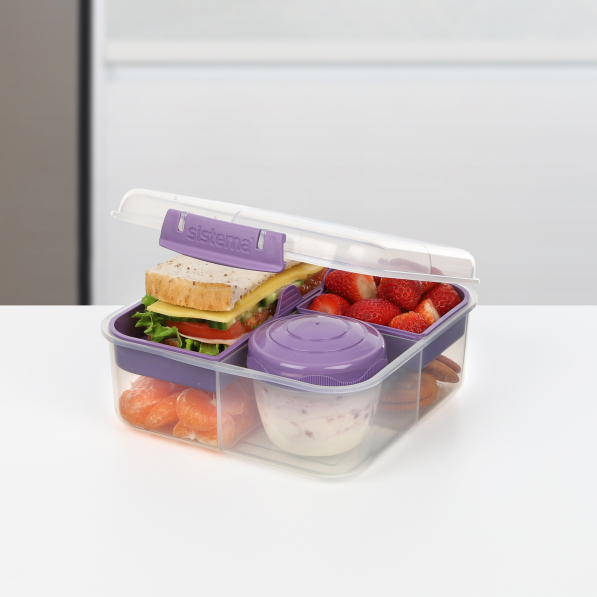 SISTEMA To Go Bento Cube 1,25 l - lunch box / śniadaniówka plastikowa trzykomorowa z pojemnikiem na sos