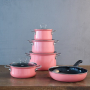 RIESS Pink - zestaw 4 garnków ceramicznych z pokrywkami i patelnią